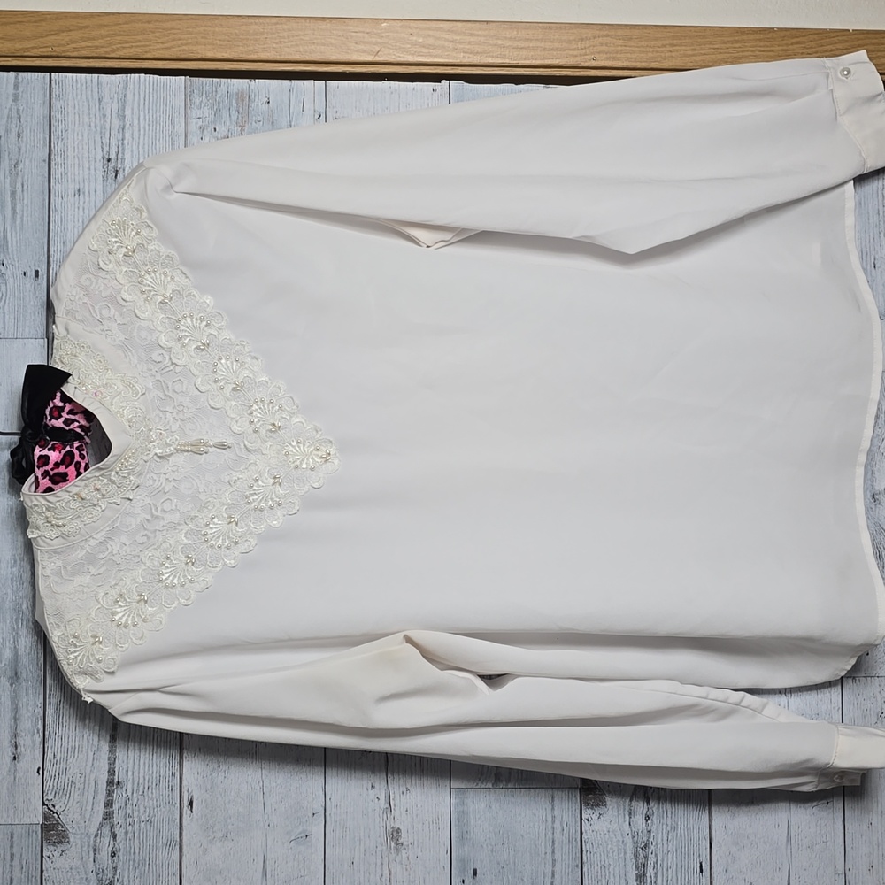 Vintage 80s Ship'n Shore White Lace Beaded Turtleneck Semi Sheer Blouse Sz 14